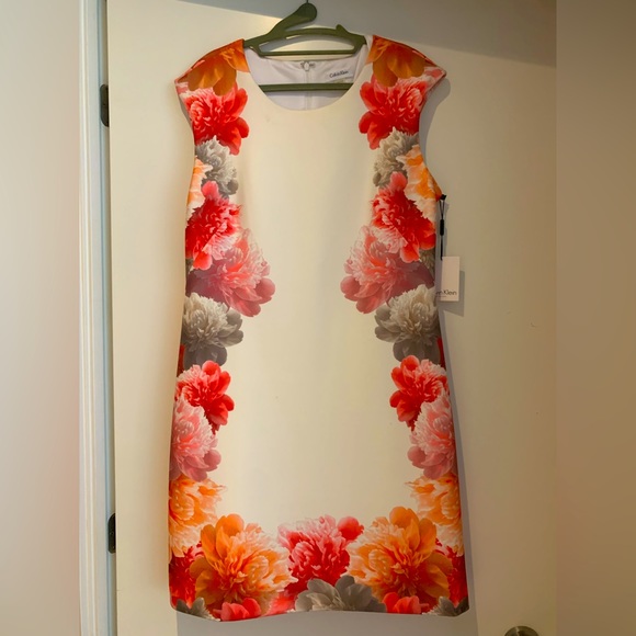 Calvin Klein white dress with pink/orange Floral pattern. size 12. Above knee - Picture 1 of 4